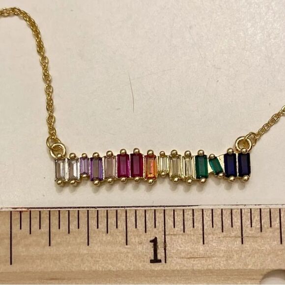 NWT - Colorful Cubic Zirconia Baguette Bar Silver Plated Necklace - 18” - Picture 6 of 7